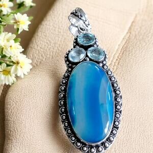 Blue Banded Agate & Blue Topaz Pendant, Handmade Sterling Silver Necklace